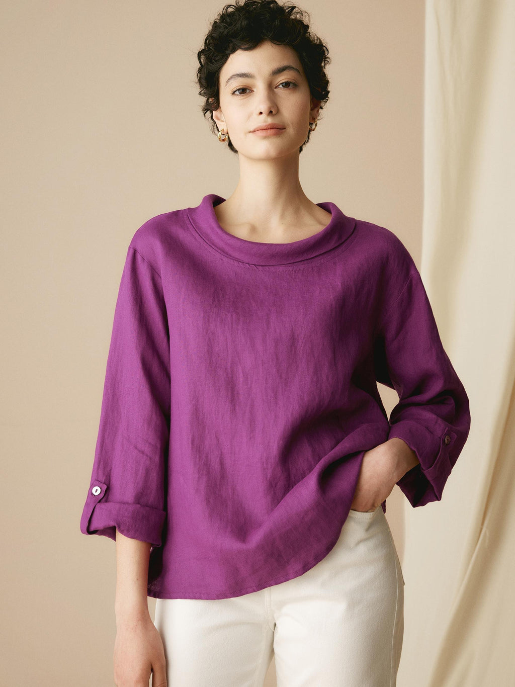 100% Linen Draped Neck Top HOLLIS