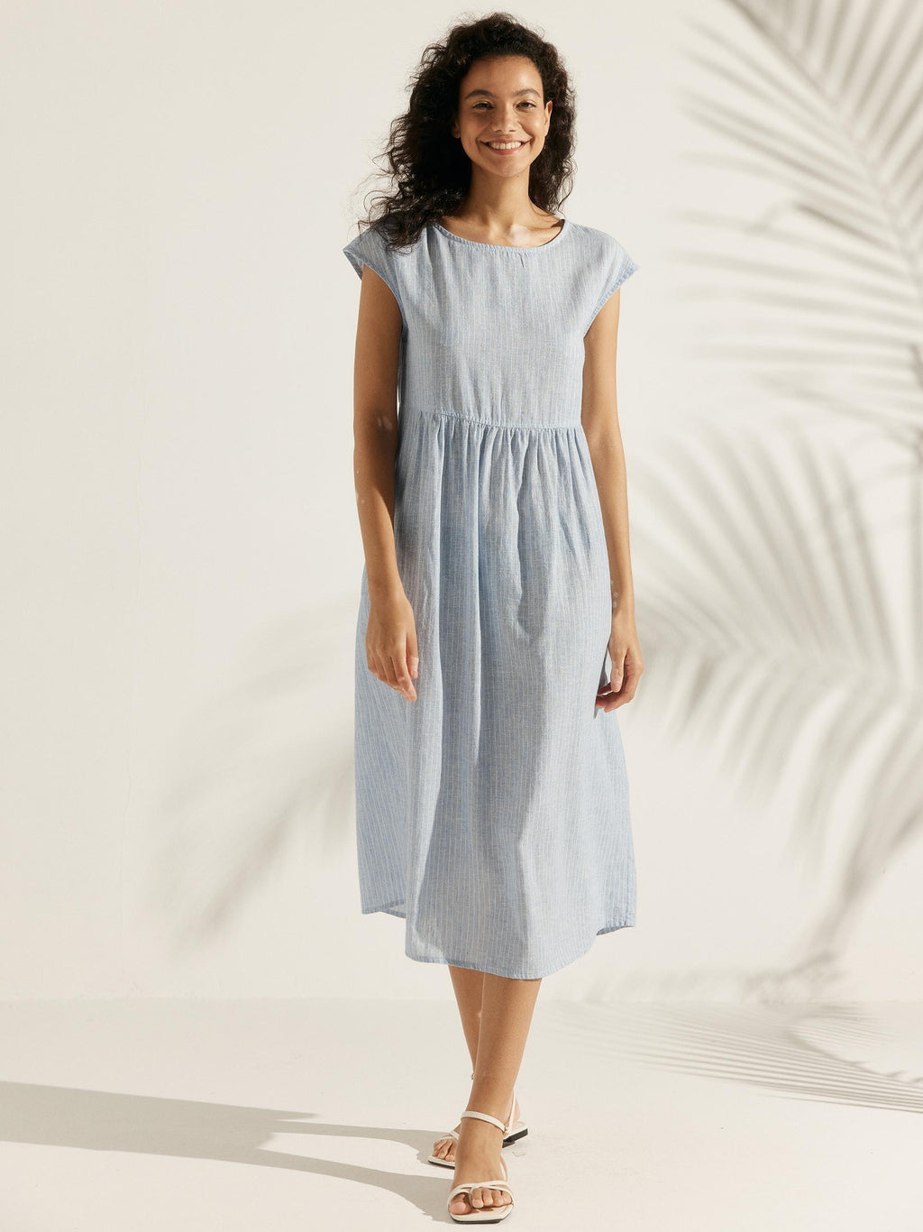 Linen Striped Cap Sleeve Washed Maxi Dress JOAN