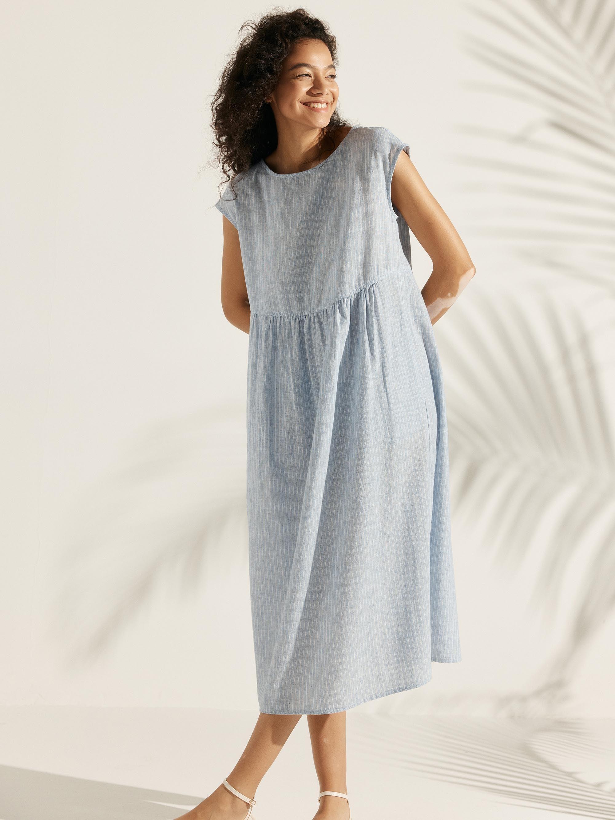 Linen Striped Cap Sleeve Washed Maxi Dress JOAN