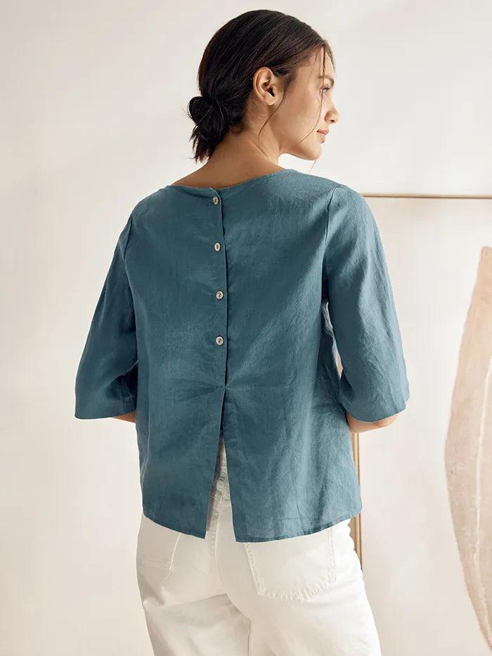 100% Linen Side-Tie Button-Back Boxy Top ELSIE