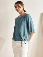 100% Linen Side-Tie Button-Back Boxy Top ELSIE