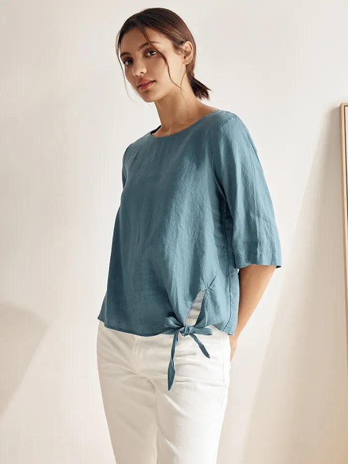 100% Linen Side-Tie Button-Back Boxy Top ELSIE