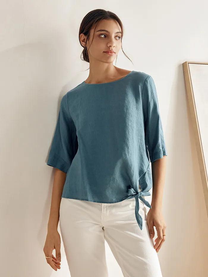 100% Linen Side-Tie Button-Back Boxy Top ELSIE