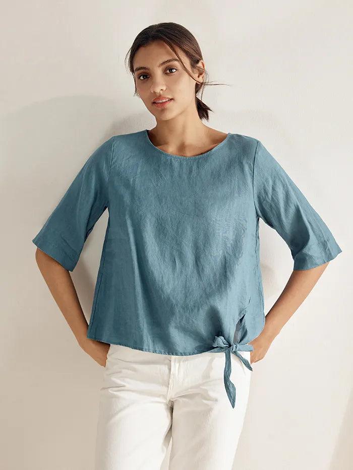 100% Linen Side-Tie Button-Back Boxy Top ELSIE