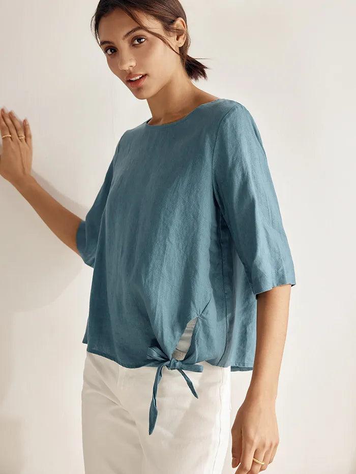 100% Linen Side-Tie Button-Back Boxy Top ELSIE