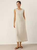 100% Linen Beaded Crew Neck Maxi Dress with Belt BELLA