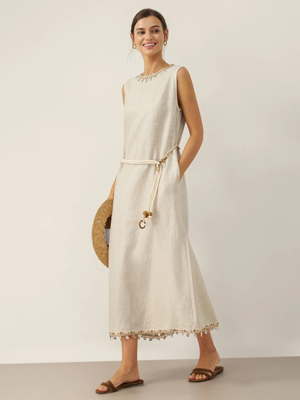 100% Linen Beaded Crew Neck Maxi Dress with Belt BELLA