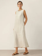 100% Linen Beaded Crew Neck Maxi Dress with Belt BELLA