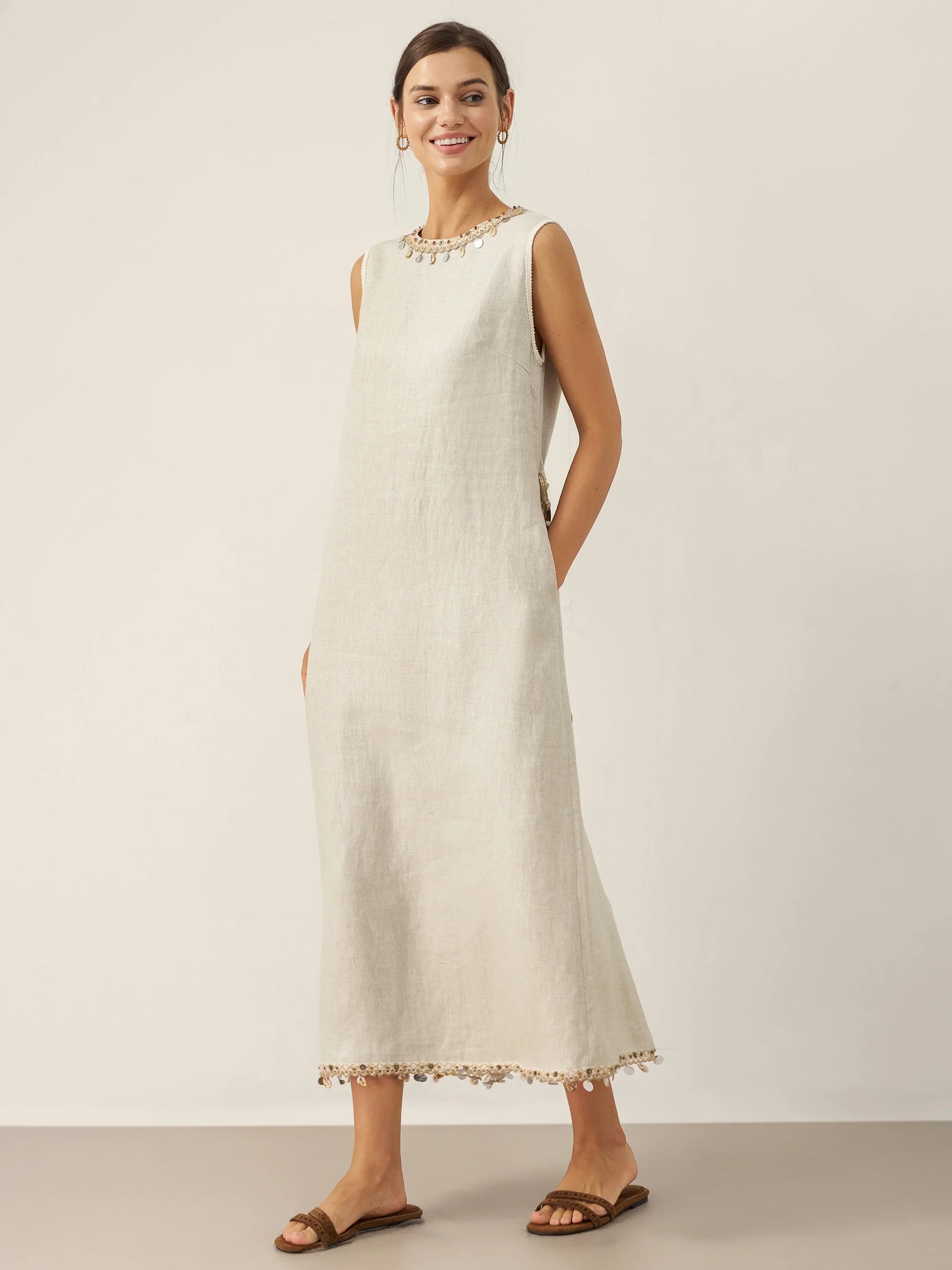 100% Linen Beaded Crew Neck Maxi Dress with Belt BELLA