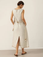 100% Linen Beaded Crew Neck Maxi Dress with Belt BELLA