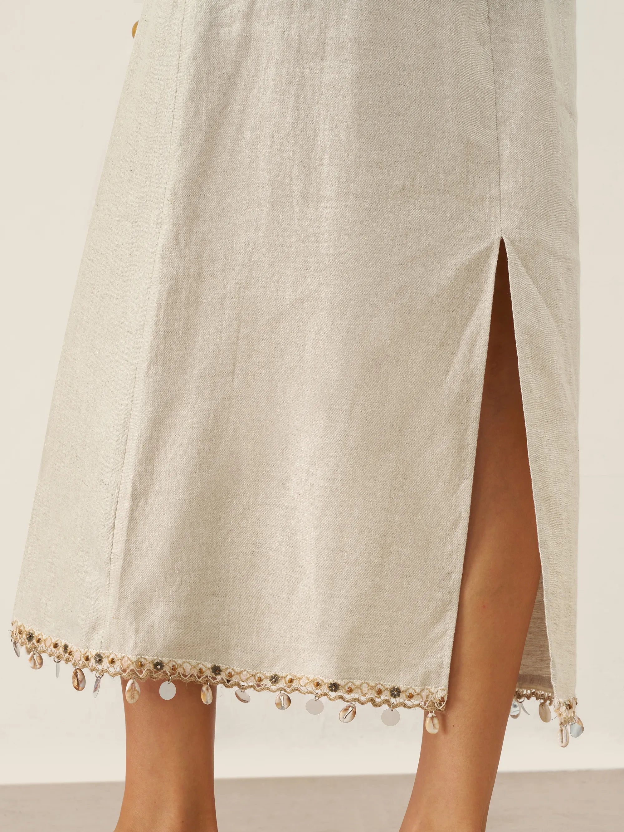 100% Linen Beaded Crew Neck Maxi Dress with Belt BELLA
