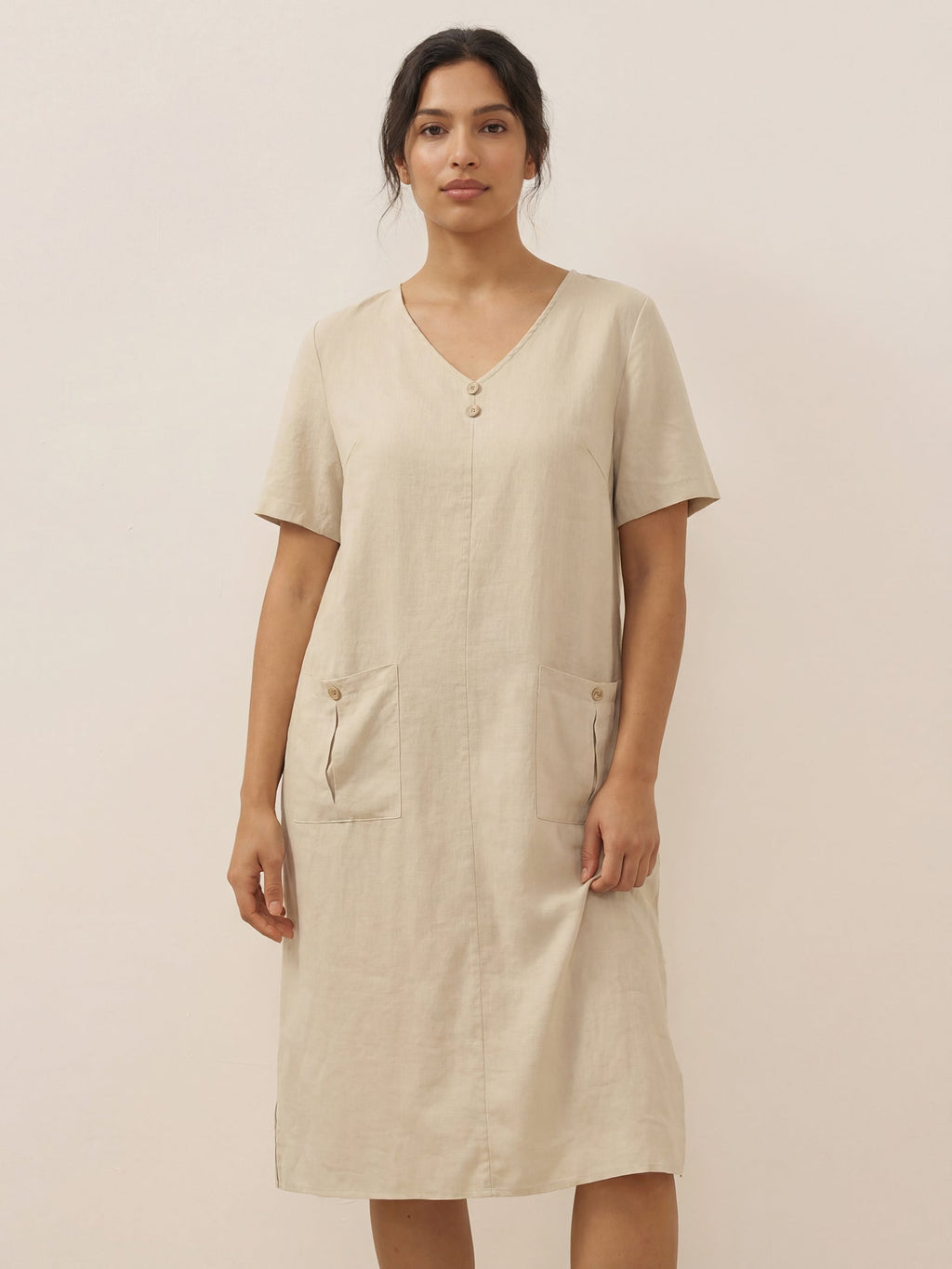 100% Linen Button Front V-Neck Midi Dress NOA