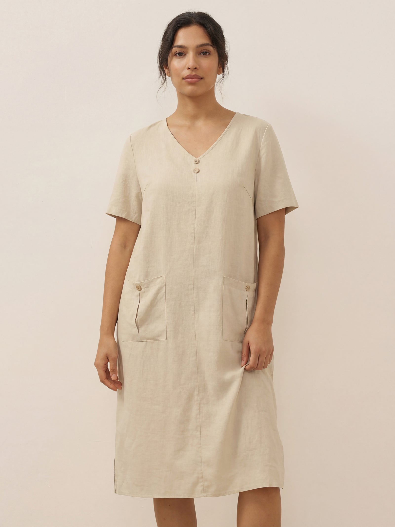 100% Linen Button Front V-Neck Midi Dress NOA