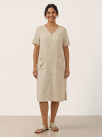 100% Linen Button Front V-Neck Midi Dress NOA