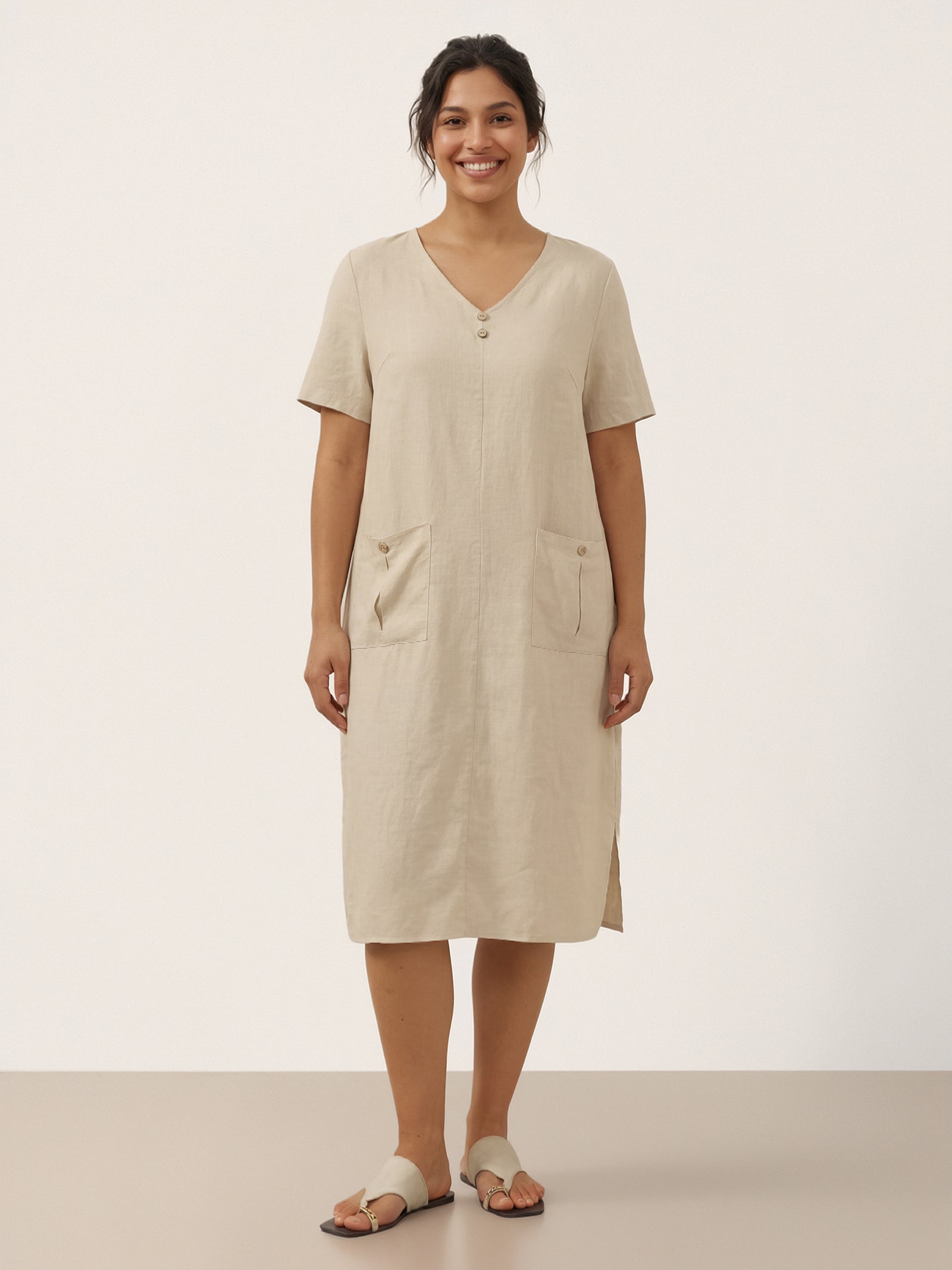 100% Linen Button Front V-Neck Midi Dress NOA