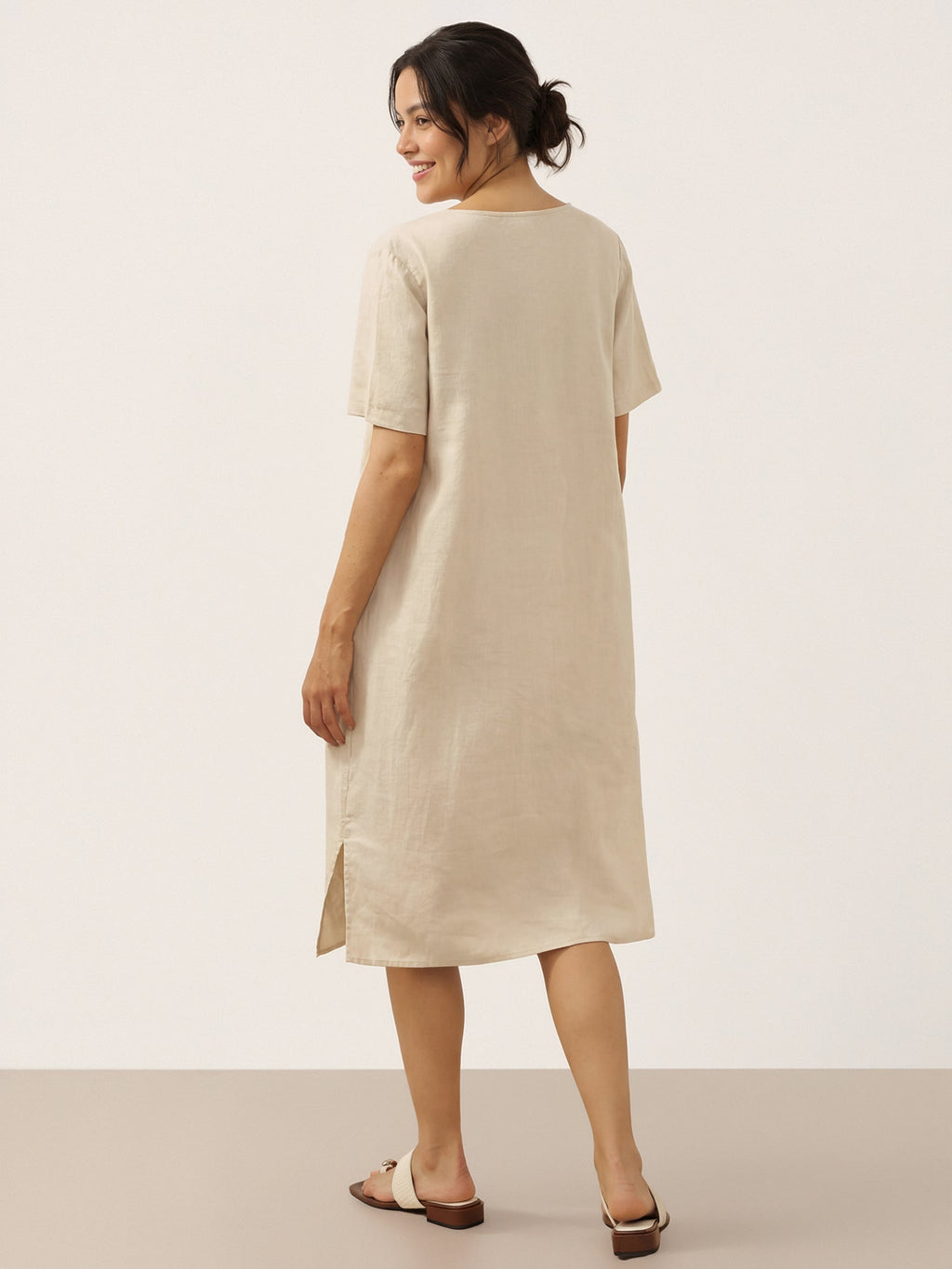 100% Linen Button Front V-Neck Midi Dress NOA