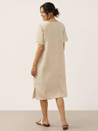 100% Linen Button Front V-Neck Midi Dress NOA