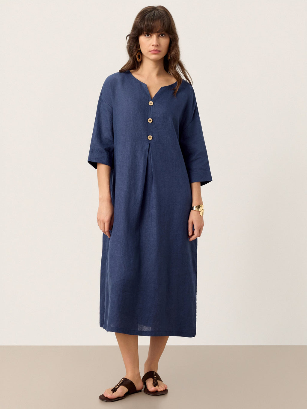 100% Linen Notch Neck Inverted Pleat Maxi Dress MATILDE