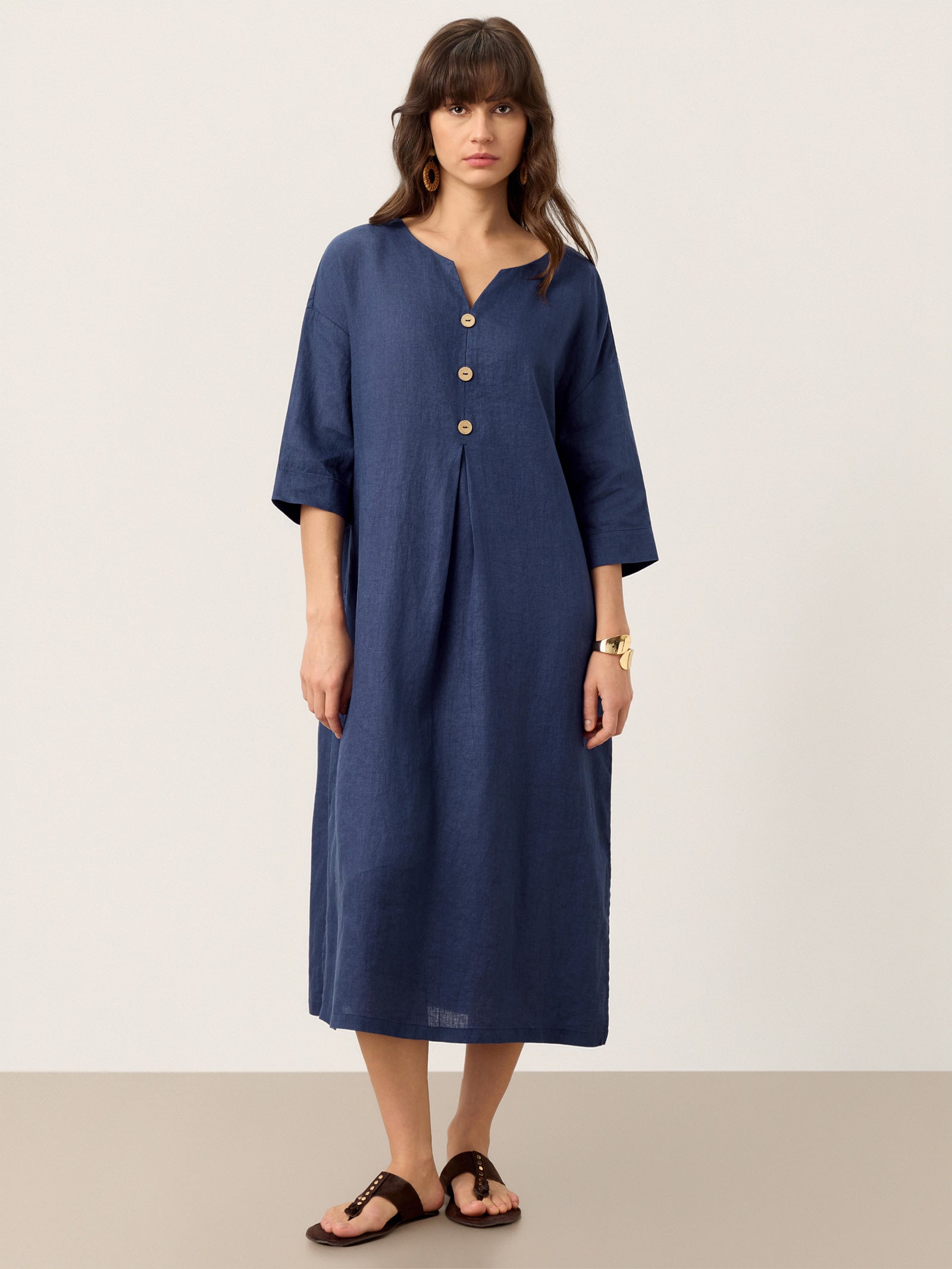 100% Linen Notch Neck Inverted Pleat Maxi Dress MATILDE