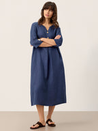 100% Linen Notch Neck Inverted Pleat Maxi Dress MATILDE