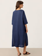 100% Linen Notch Neck Inverted Pleat Maxi Dress MATILDE