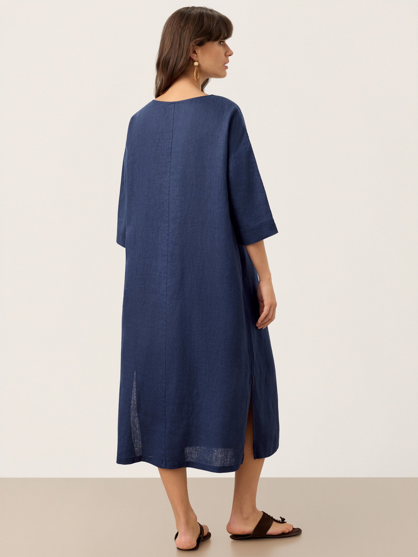 100% Linen Notch Neck Inverted Pleat Maxi Dress MATILDE