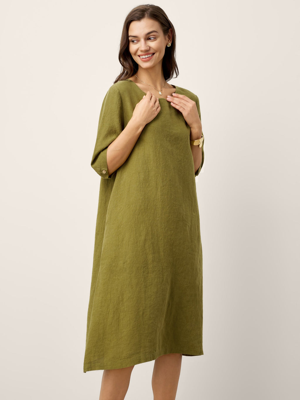 100% Linen Round Neck Back Placket Pleat Midi Dress PENELOPE