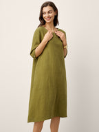 100% Linen Round Neck Back Placket Pleat Midi Dress PENELOPE