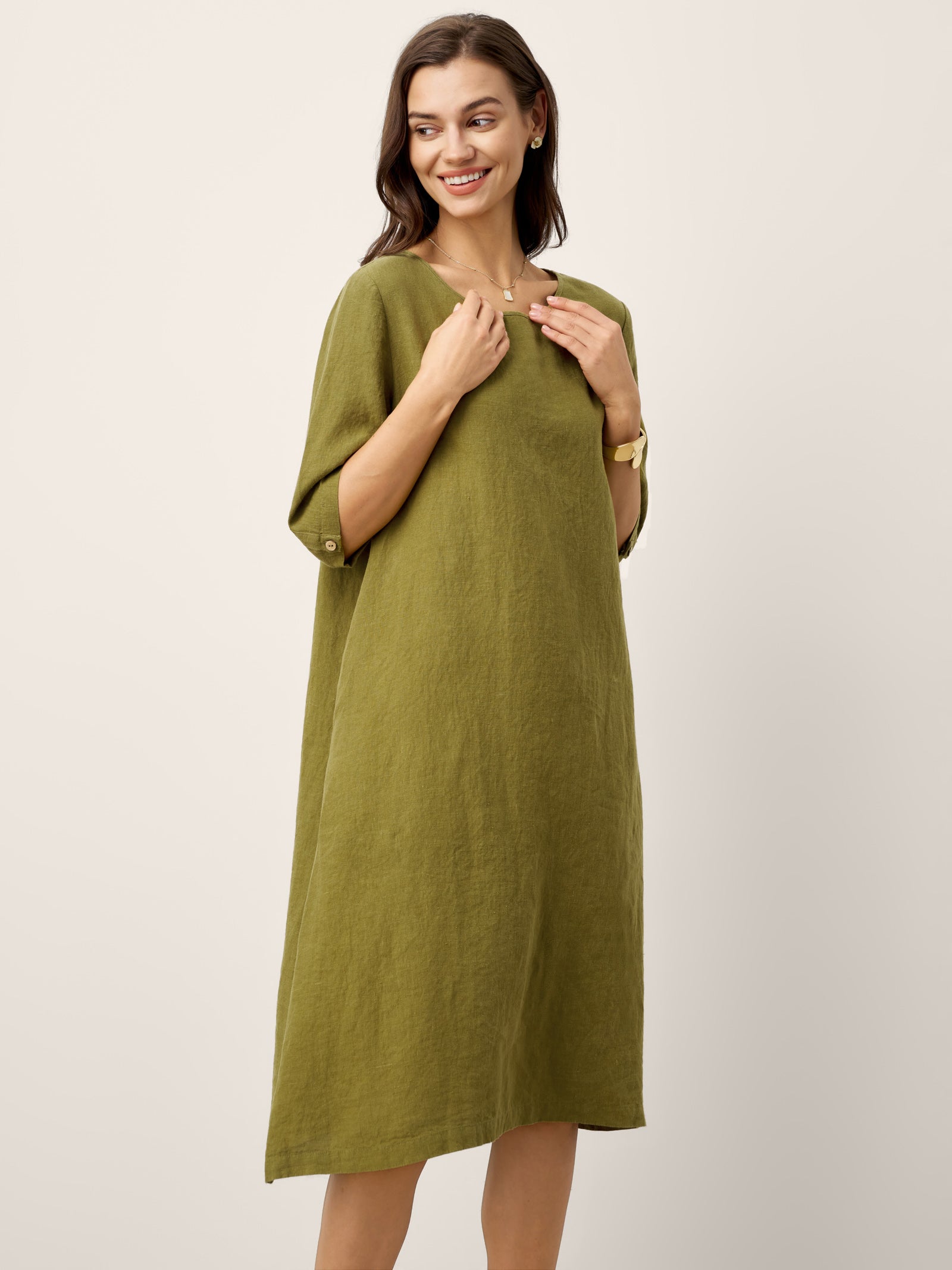 100% Linen Round Neck Back Placket Pleat Midi Dress PENELOPE