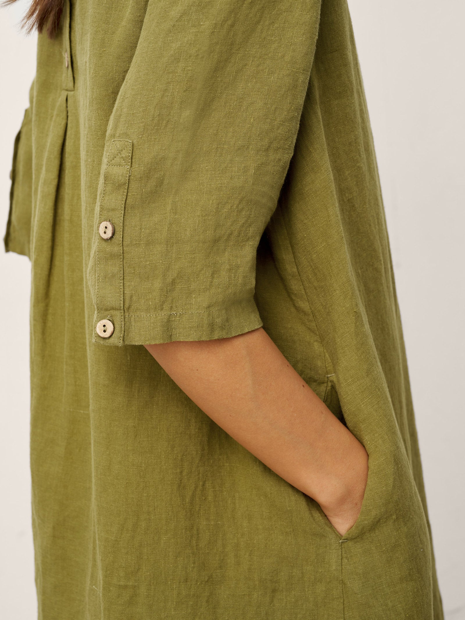 100% Linen Round Neck Back Placket Pleat Midi Dress PENELOPE