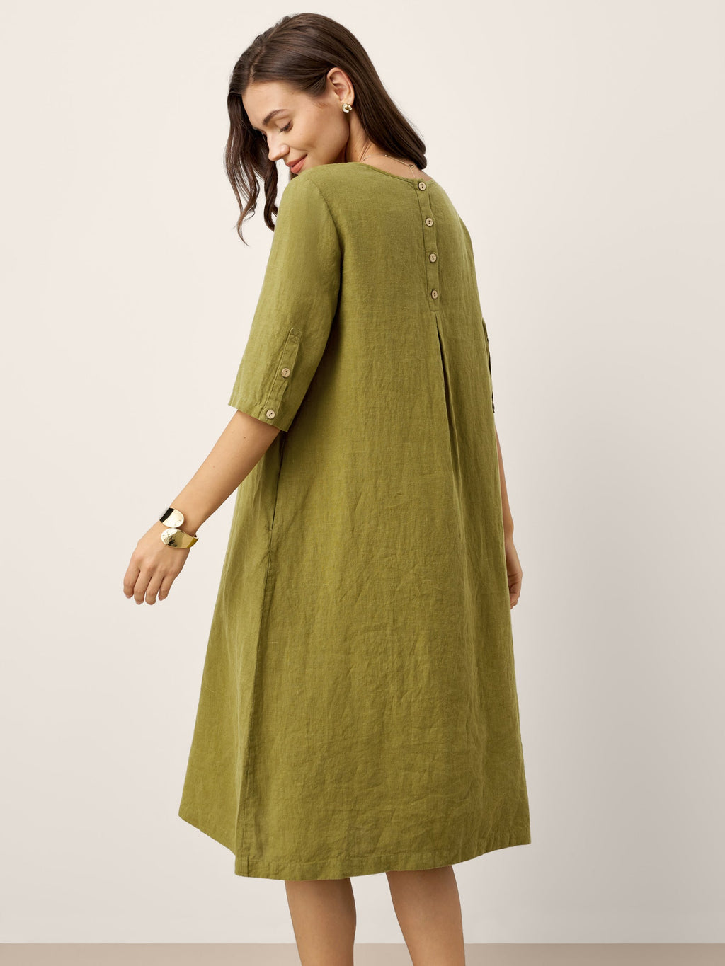 100% Linen Round Neck Back Placket Pleat Midi Dress PENELOPE