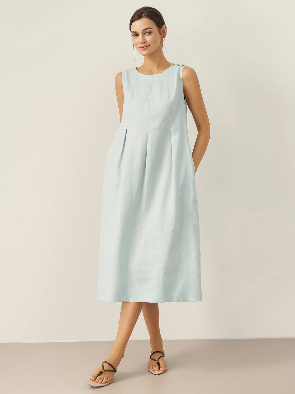 100% Linen Sleeveless Shoulder Button Midi Dress FREYA