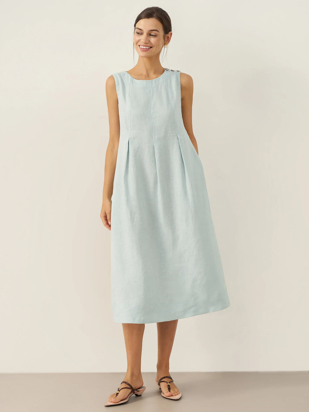 100% Linen Sleeveless Shoulder Button Midi Dress FREYA