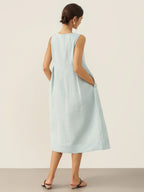 100% Linen Sleeveless Shoulder Button Midi Dress FREYA