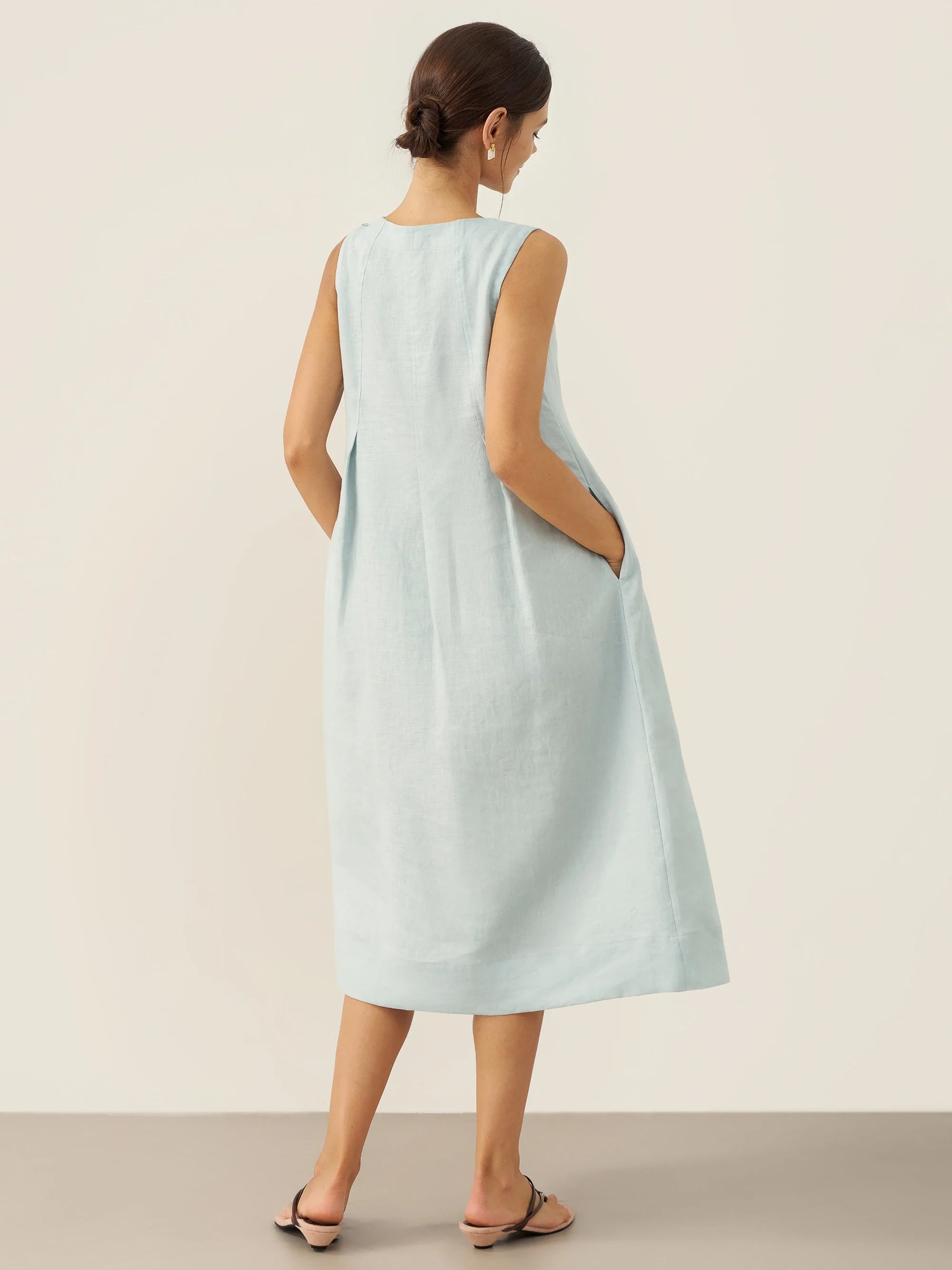 100% Linen Sleeveless Shoulder Button Midi Dress FREYA