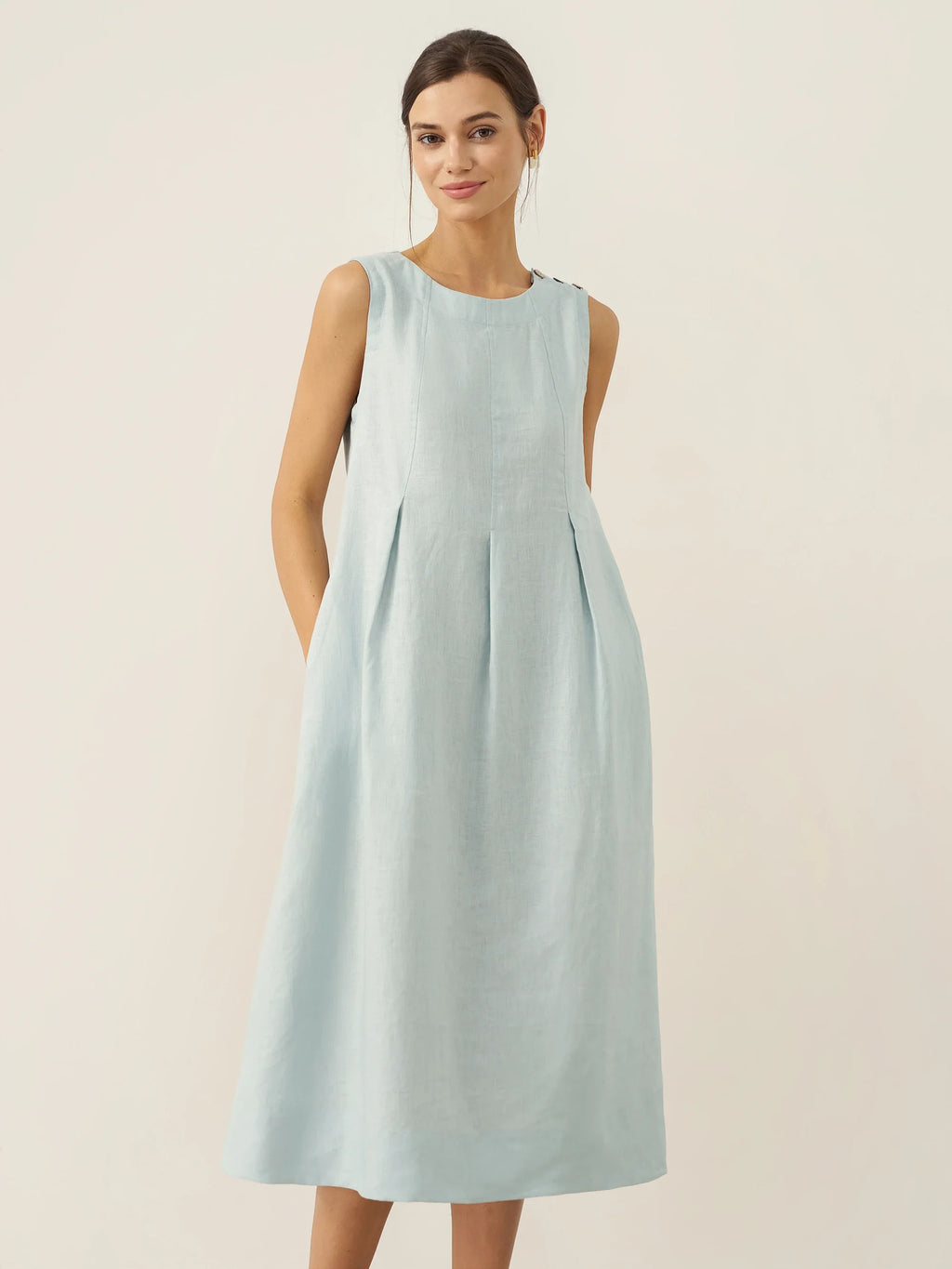100% Linen Sleeveless Shoulder Button Midi Dress FREYA