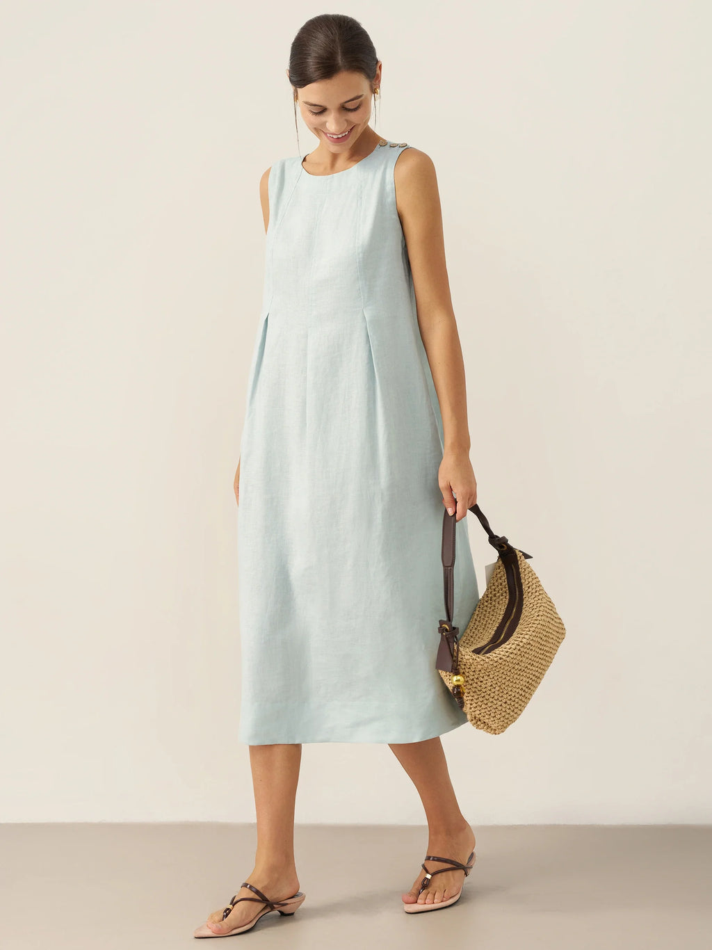 100% Linen Sleeveless Shoulder Button Midi Dress FREYA