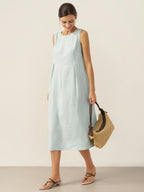 100% Linen Sleeveless Shoulder Button Midi Dress FREYA