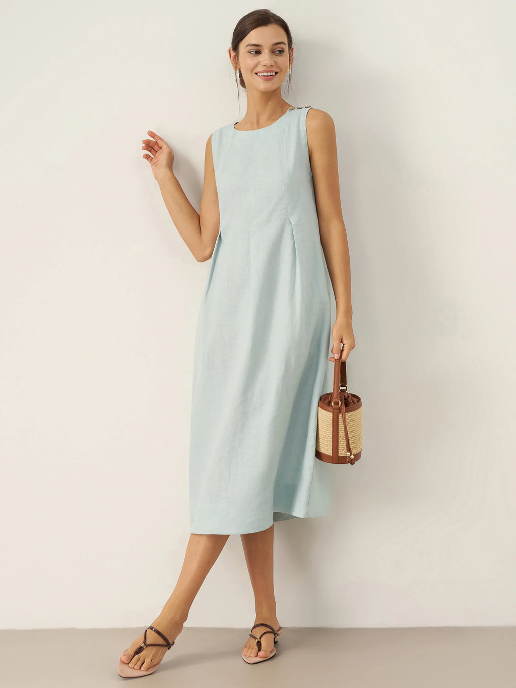 100% Linen Sleeveless Shoulder Button Midi Dress FREYA