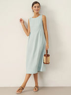 100% Linen Sleeveless Shoulder Button Midi Dress FREYA