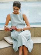 100% Linen Sleeveless Shoulder Button Midi Dress FREYA