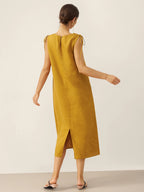 100% Linen Smocked Shoulder Embroidered Maxi Dress BELINE