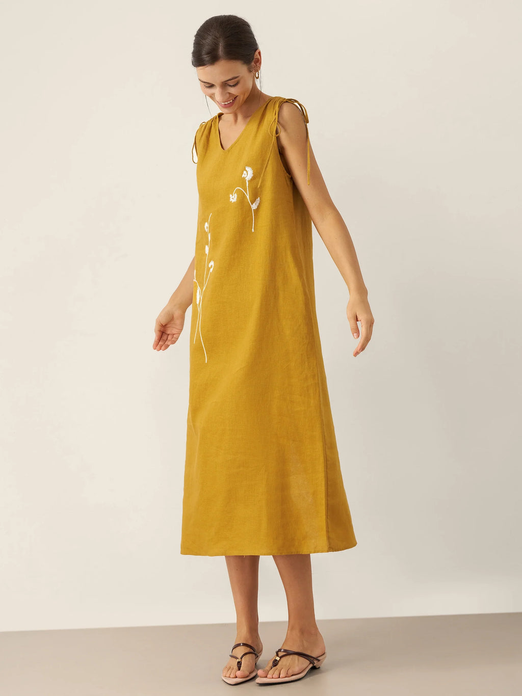 100% Linen Smocked Shoulder Embroidered Maxi Dress BELINE