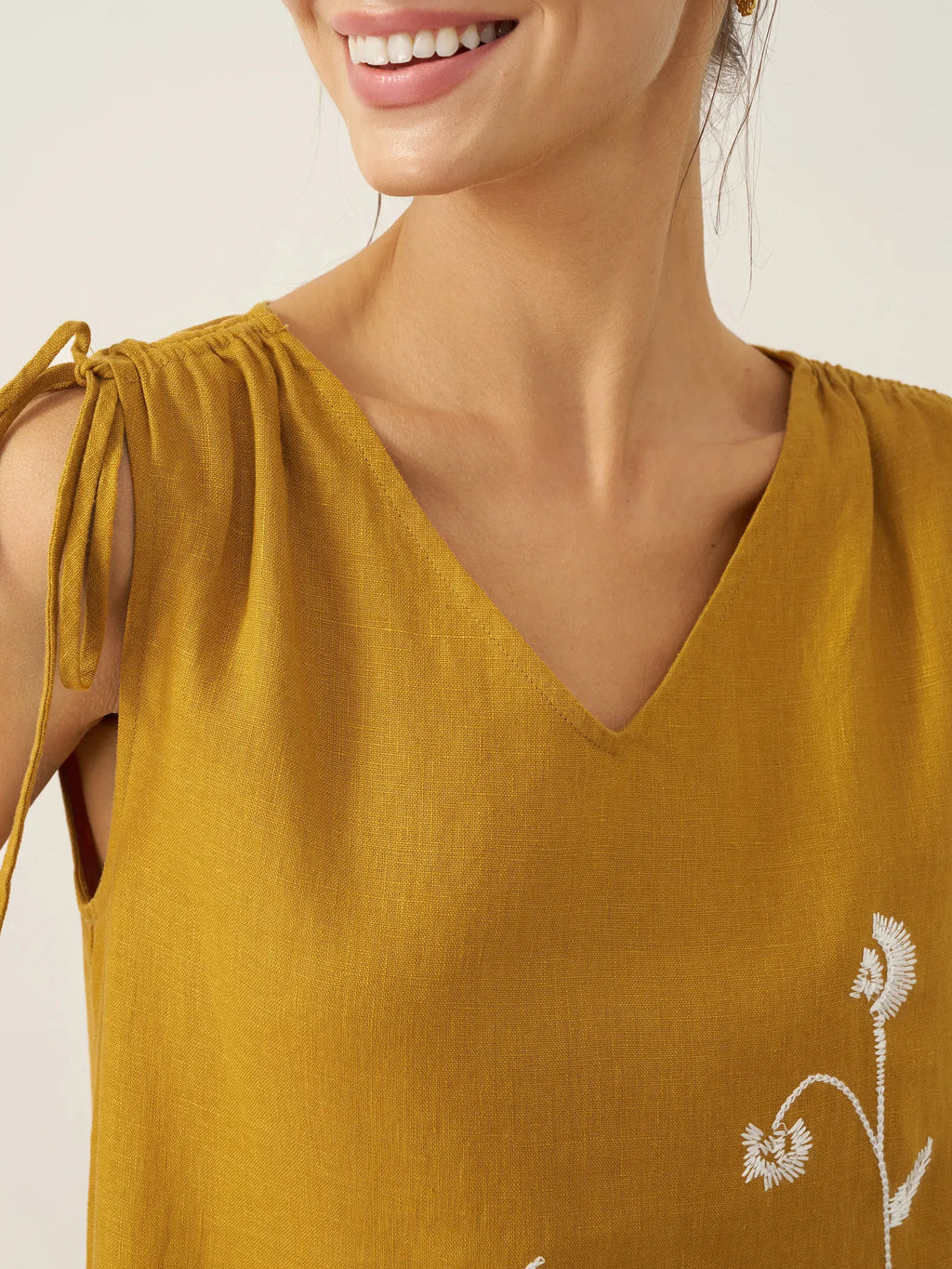 100% Linen Smocked Shoulder Embroidered Maxi Dress BELINE