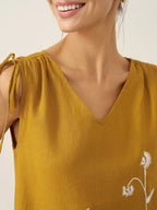 100% Linen Smocked Shoulder Embroidered Maxi Dress BELINE