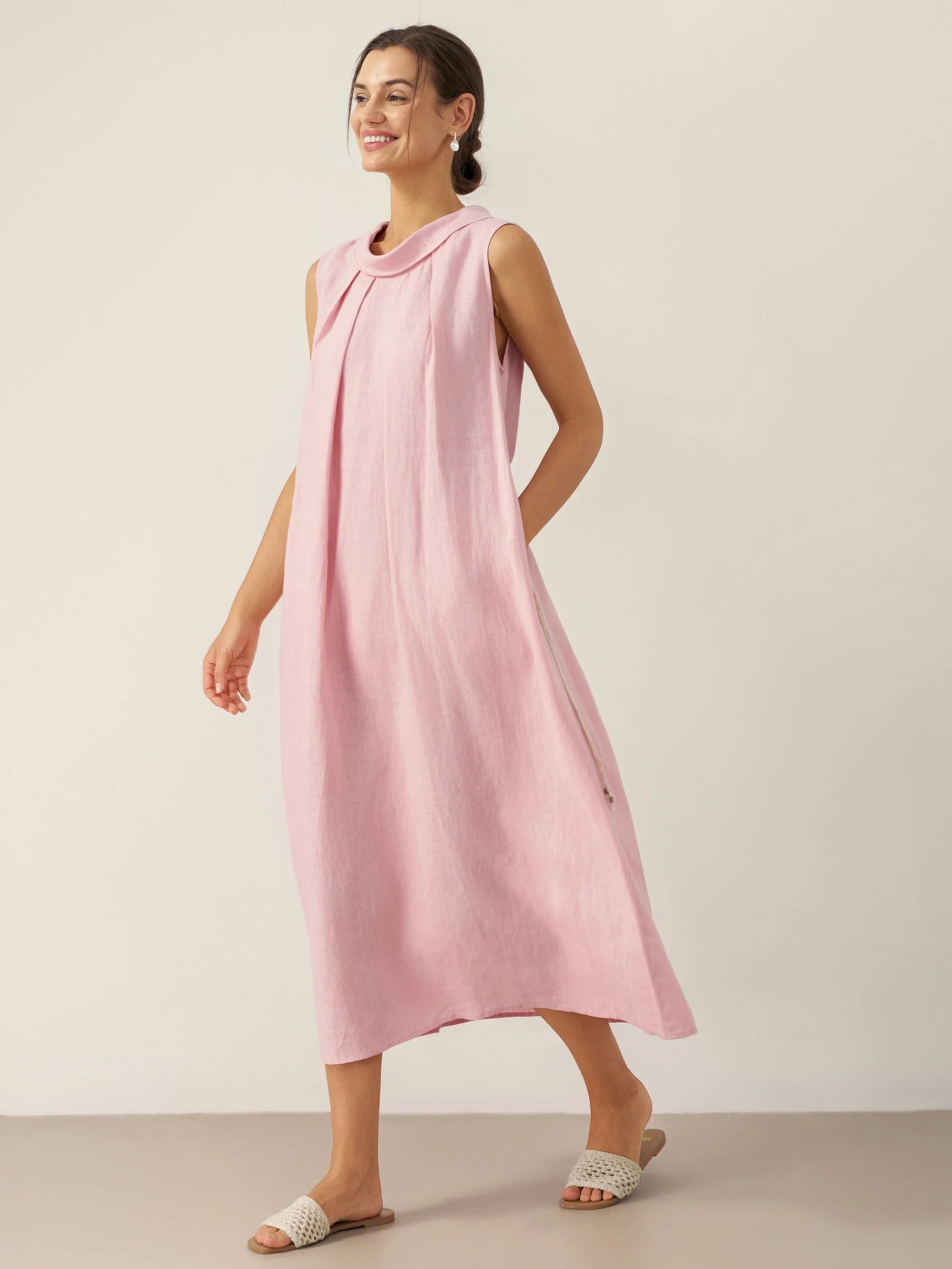 100% Linen Structured Collar Sleeveless Maxi Dress with Belt OPAL