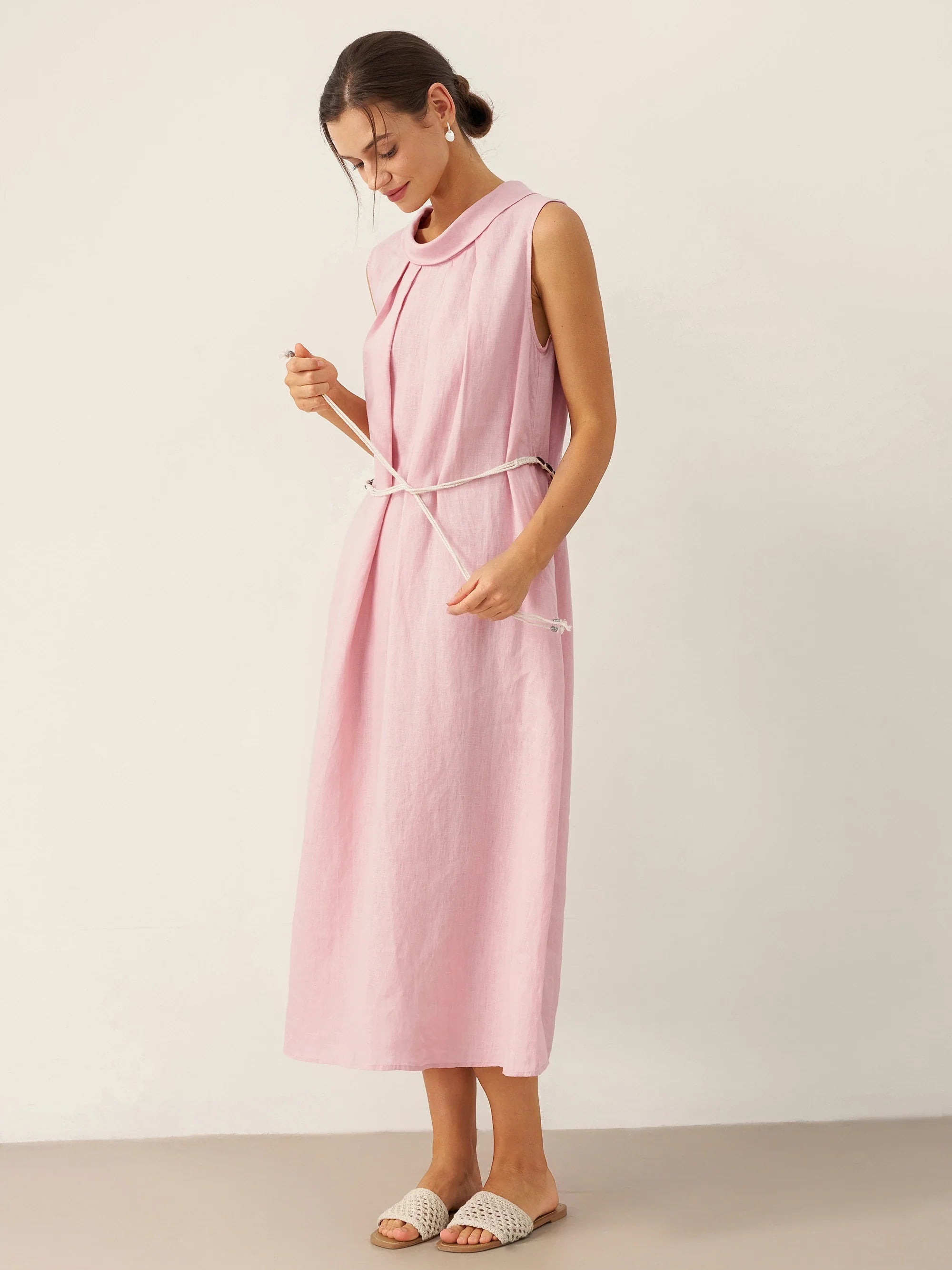 100% Linen Structured Collar Sleeveless Maxi Dress with Belt OPAL