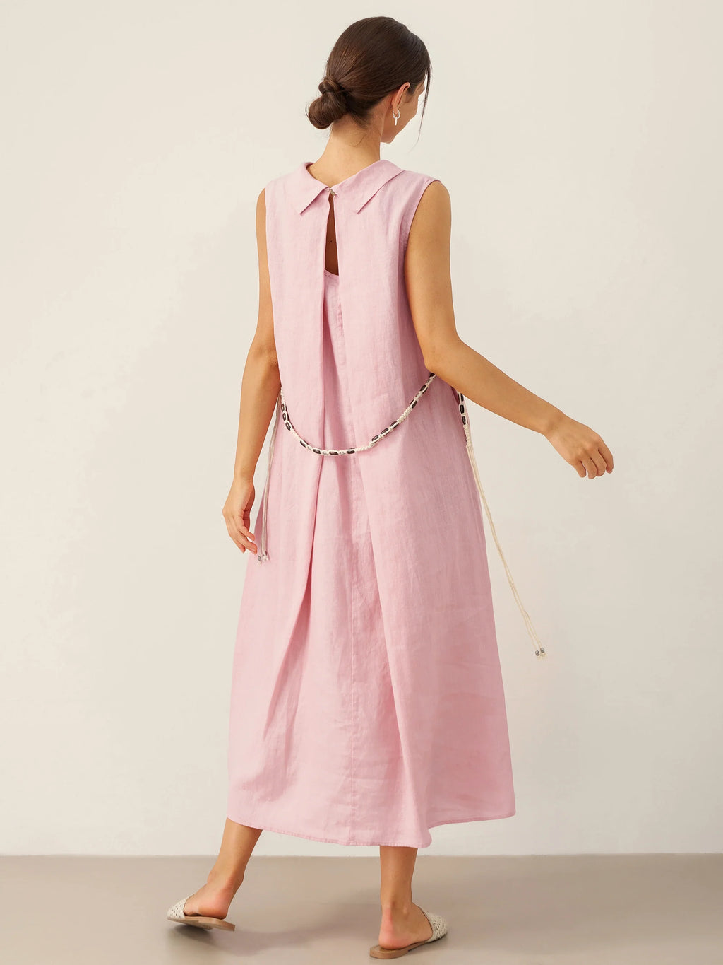 100% Linen Structured Collar Sleeveless Maxi Dress with Belt OPAL