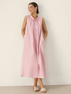 100% Linen Structured Collar Sleeveless Maxi Dress with Belt OPAL