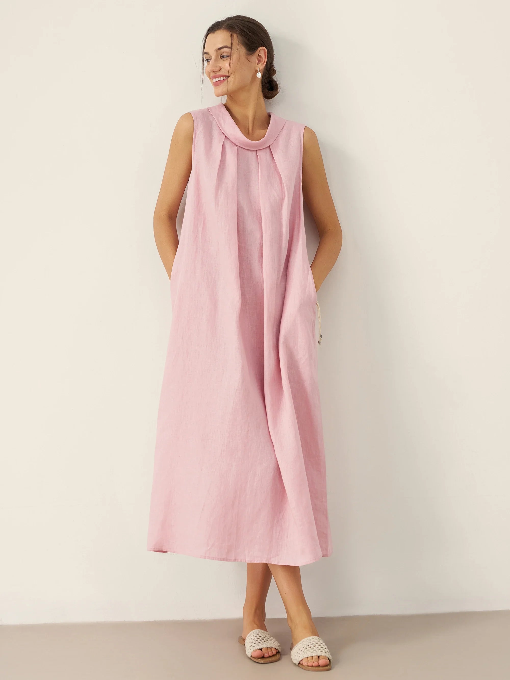 100% Linen Structured Collar Sleeveless Maxi Dress with Belt OPAL